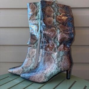 Sugar Metallic Blue and Brown Snakeskin Mid-Calf Heeled Boots